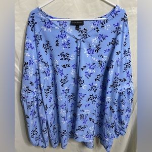 Lane Bryant Plus Size V Neck Long Balloon Sleeve Blue Floral Blouse